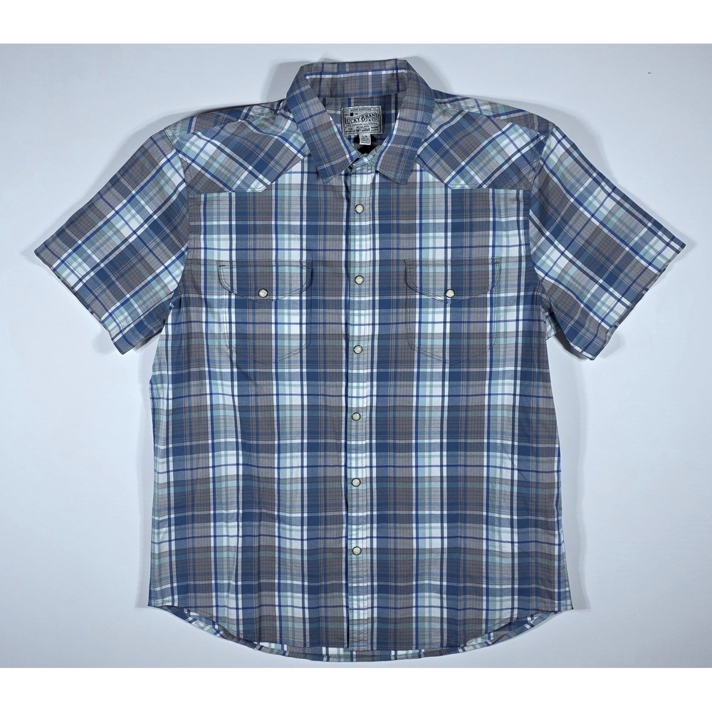 Lucky‎ Brand Men's Blue Plaid Short Sleeve Western Pearl Snap Shirt Large